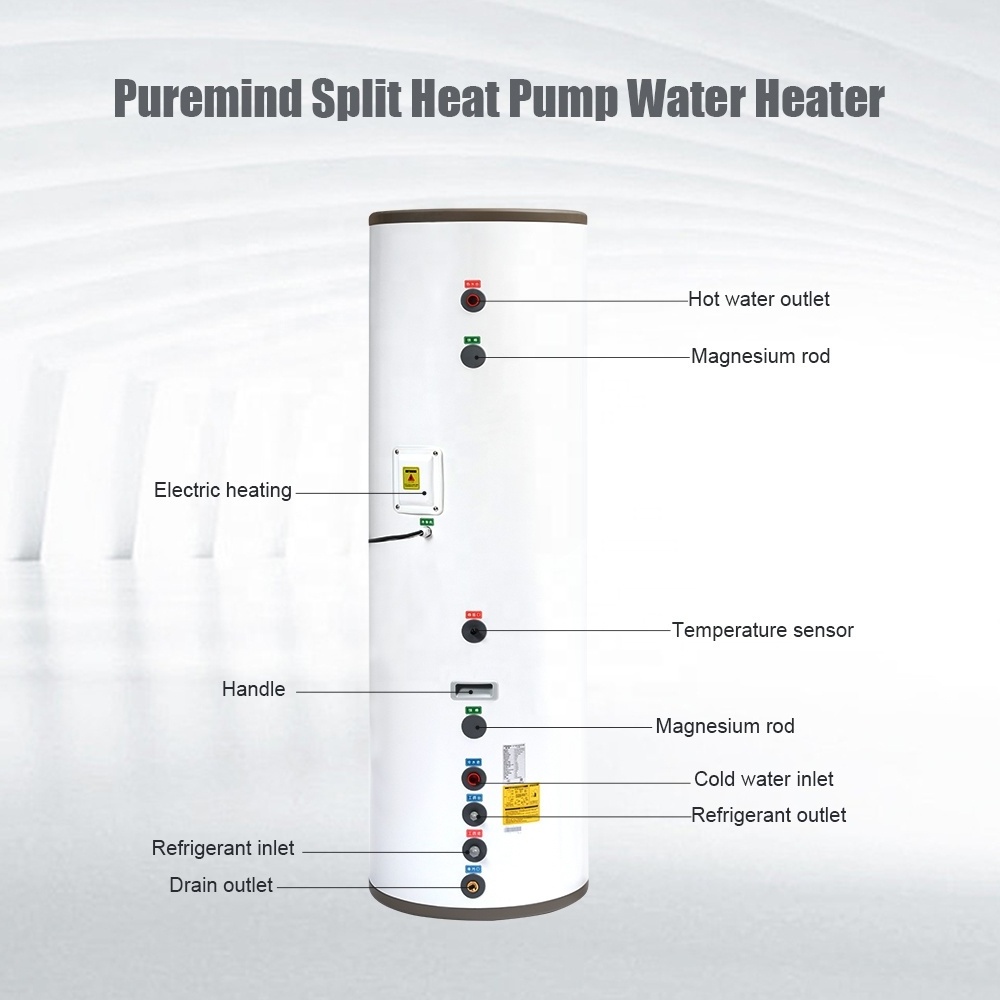 Puremind R410a Air Source Split Type Heat Pump Hot Water Heater For Home Hotel Domestic Hot Water Pool 200L 300L