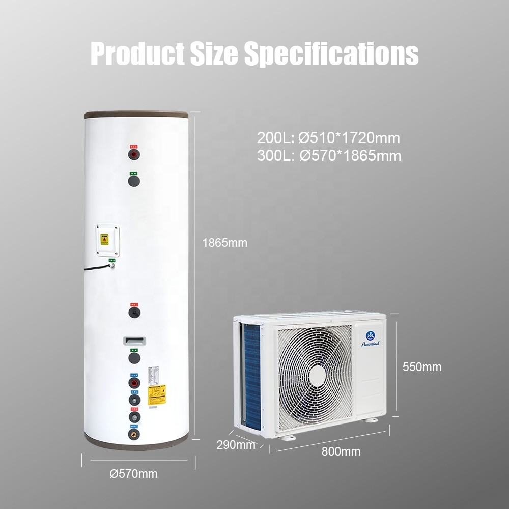 Puremind R410a Air Source Split Type Heat Pump Hot Water Heater For Home Hotel Domestic Hot Water Pool 200L 300L