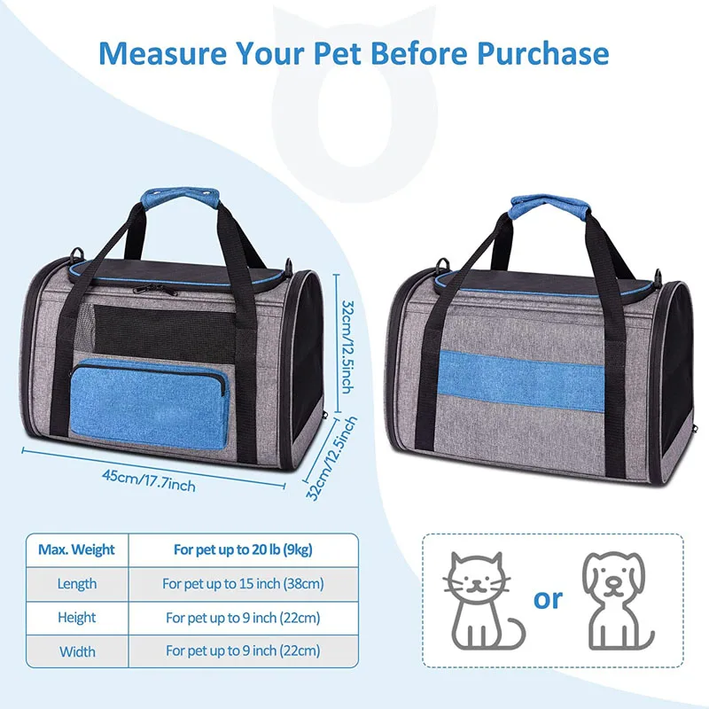 Portable Cat Carrier Soft Sided Airline Approved Foldable Dog Carrier Bag Pet Travel Carrier for Large Cats 20 lbs