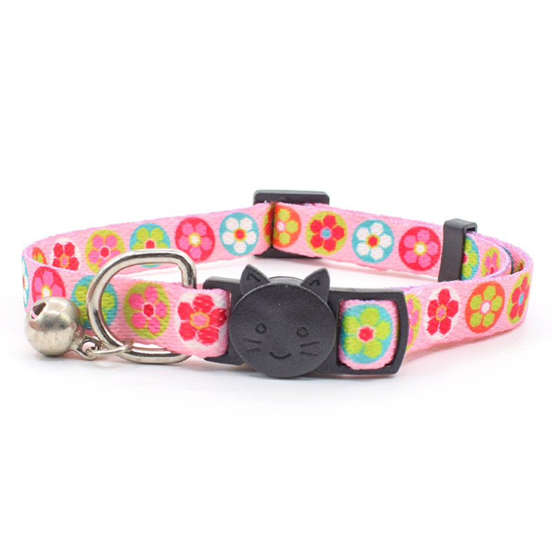 New Arrival Print Flower Dog Leashes Safety Buckle Polyester Nylon Breakaway Cat Collar with Bell Custom Cat Collar