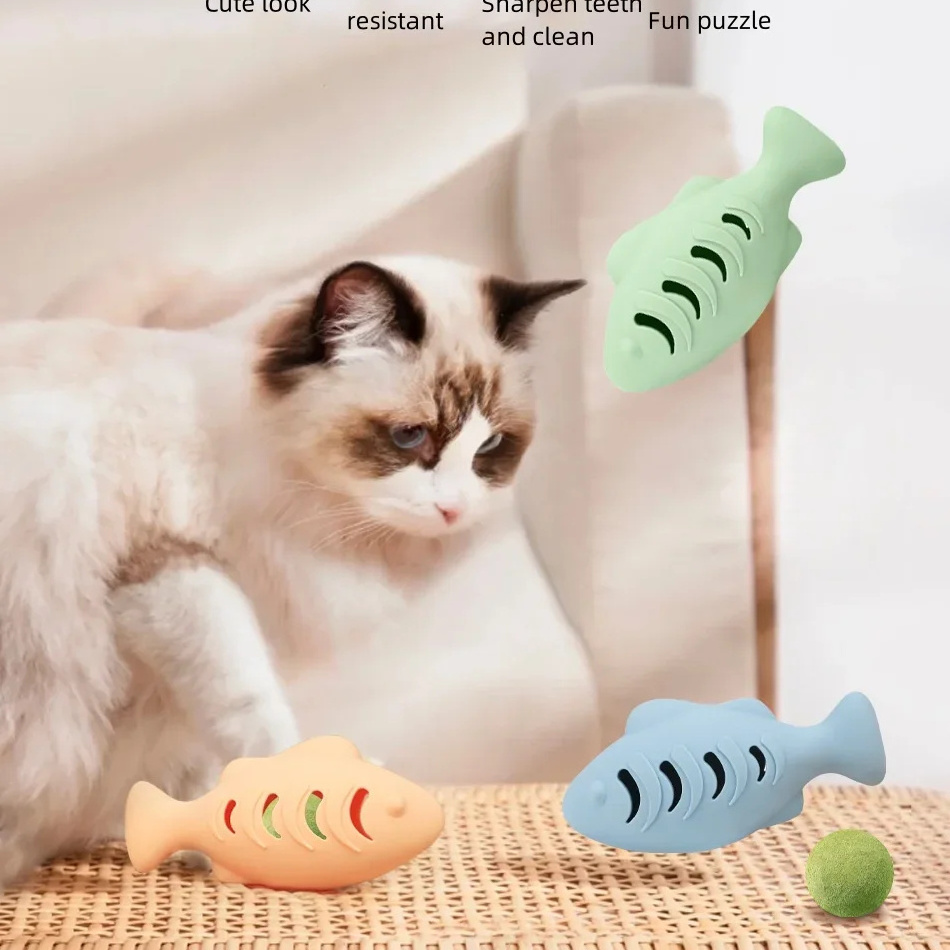 Fish catnip toy Grinding teeth clean teeth Food grade silicone safe and healthy teeth can leak food cat toys