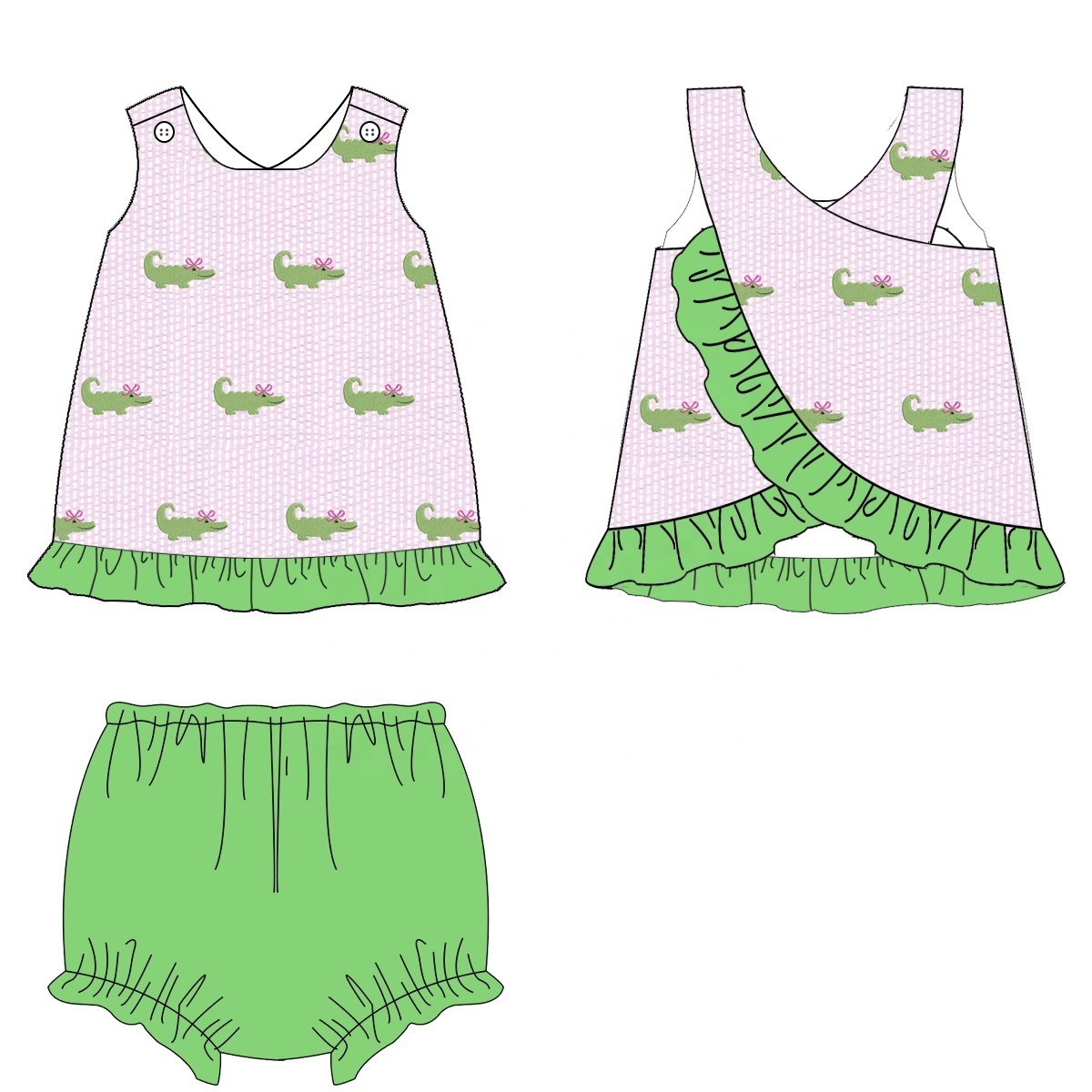 Girls Swing Top and Bloomers Set Ruffle Shorts Outfit Kids Summer Little Alligators Embroidery Clothing Set