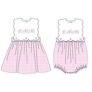 Baby Girl Spring Pink Gingham Easter Day Outfit Little Sibing Matching Bunny Applique Smocked Bubble Dresses