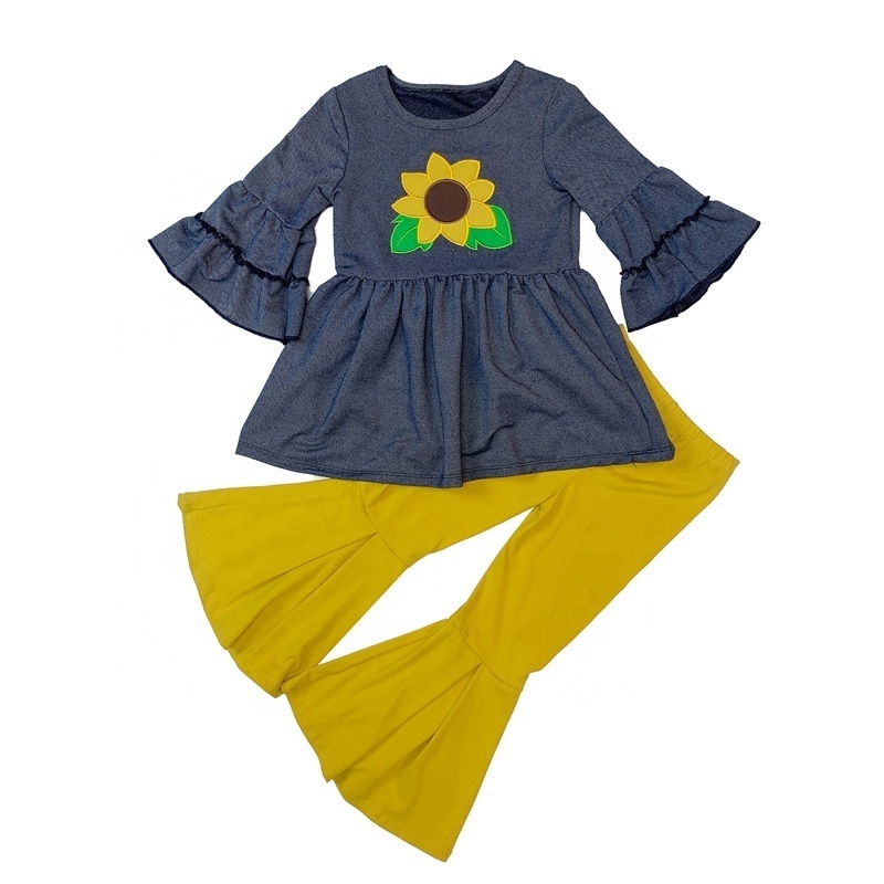 High quality baby girls denim pants toddlers triple ruffle knitted bell bottoms wholesale kids lace flare legging pants