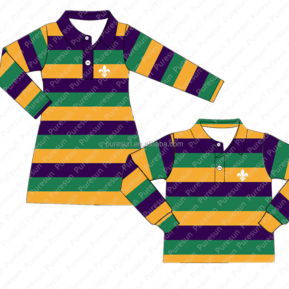 Boy's Mardi Gras Custom Embroidery Polo Children Boys Smocked Boutique Knit Striped Cotton Tee Shirts