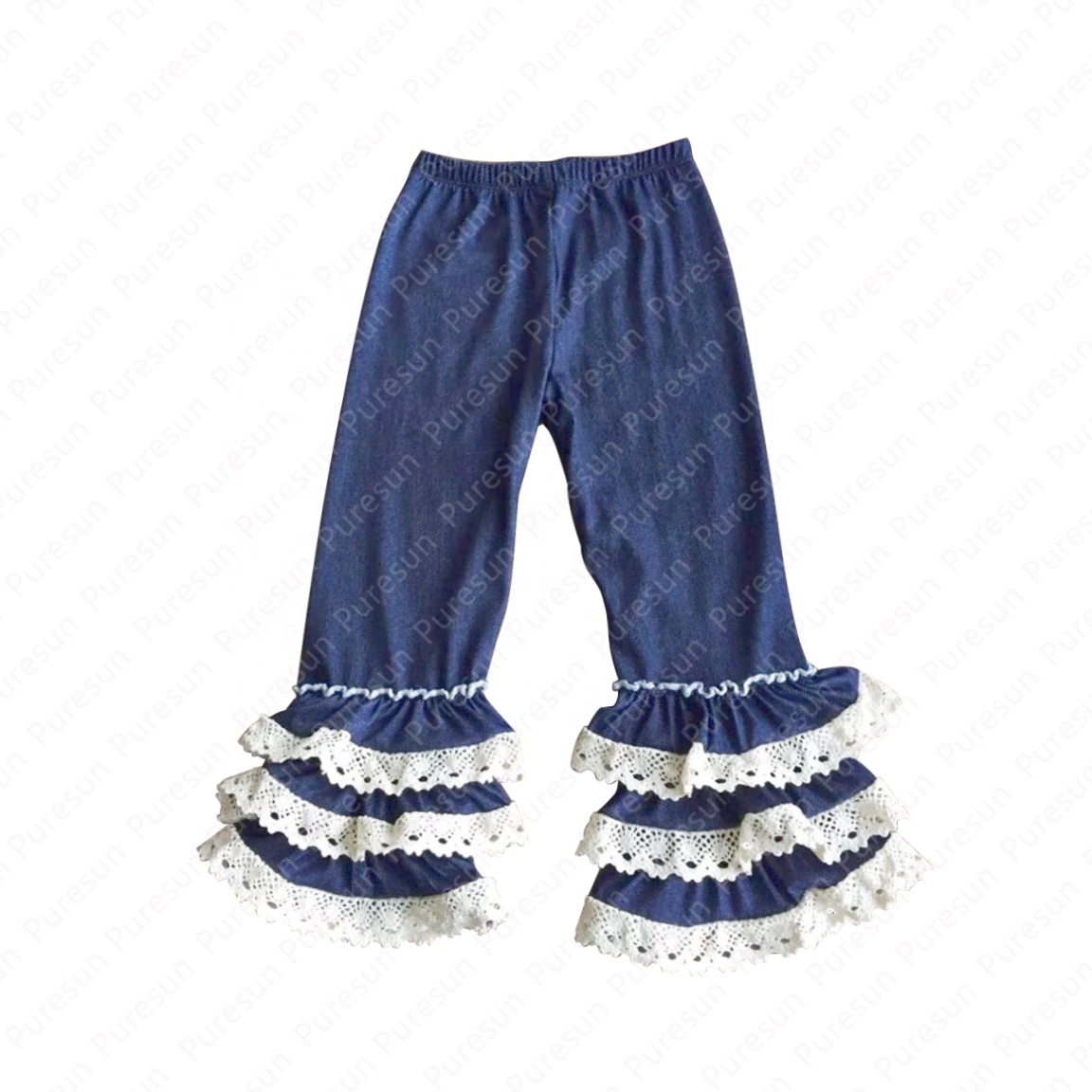 High quality baby girls denim pants toddlers triple ruffle knitted bell bottoms wholesale kids lace flare legging pants