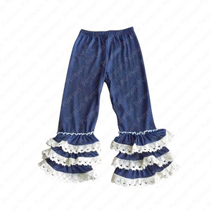 High quality baby girls denim pants toddlers triple ruffle knitted bell bottoms wholesale kids lace flare legging pants