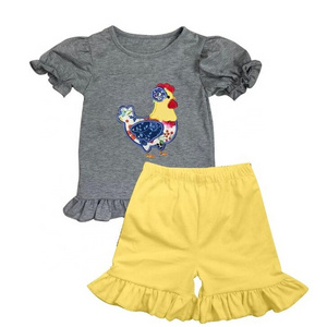 puresun baby girls chicken applique boutique outfit kids summer ruffle short set wholesale smocked farm animal children clothing