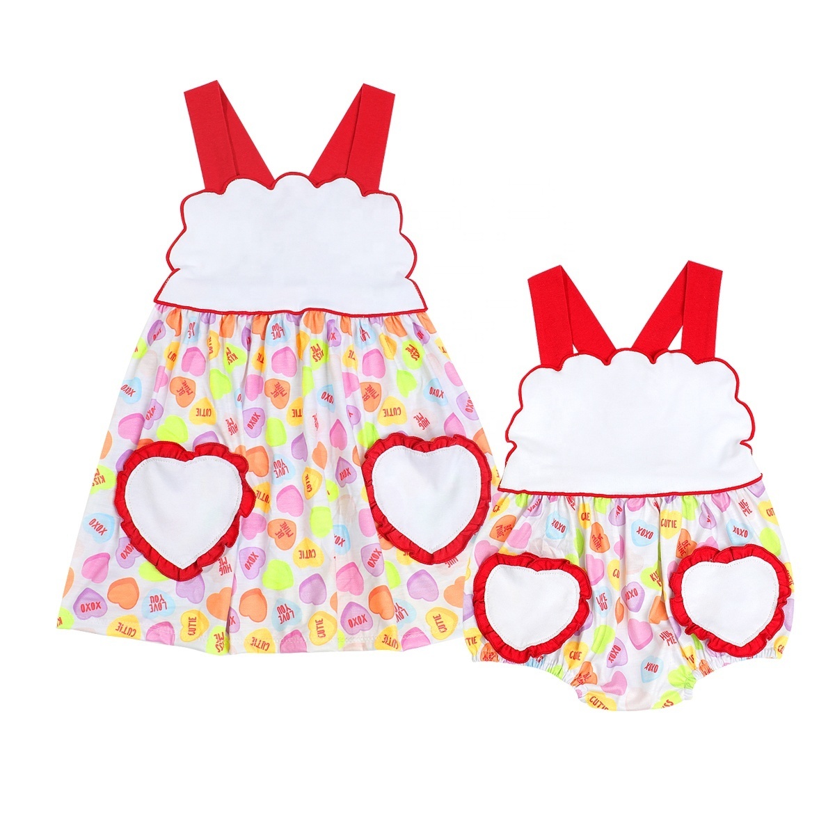 Puresun high quality 100% cotton printing children clothing valentines kids clothes baby cotton dress with hearts pockets