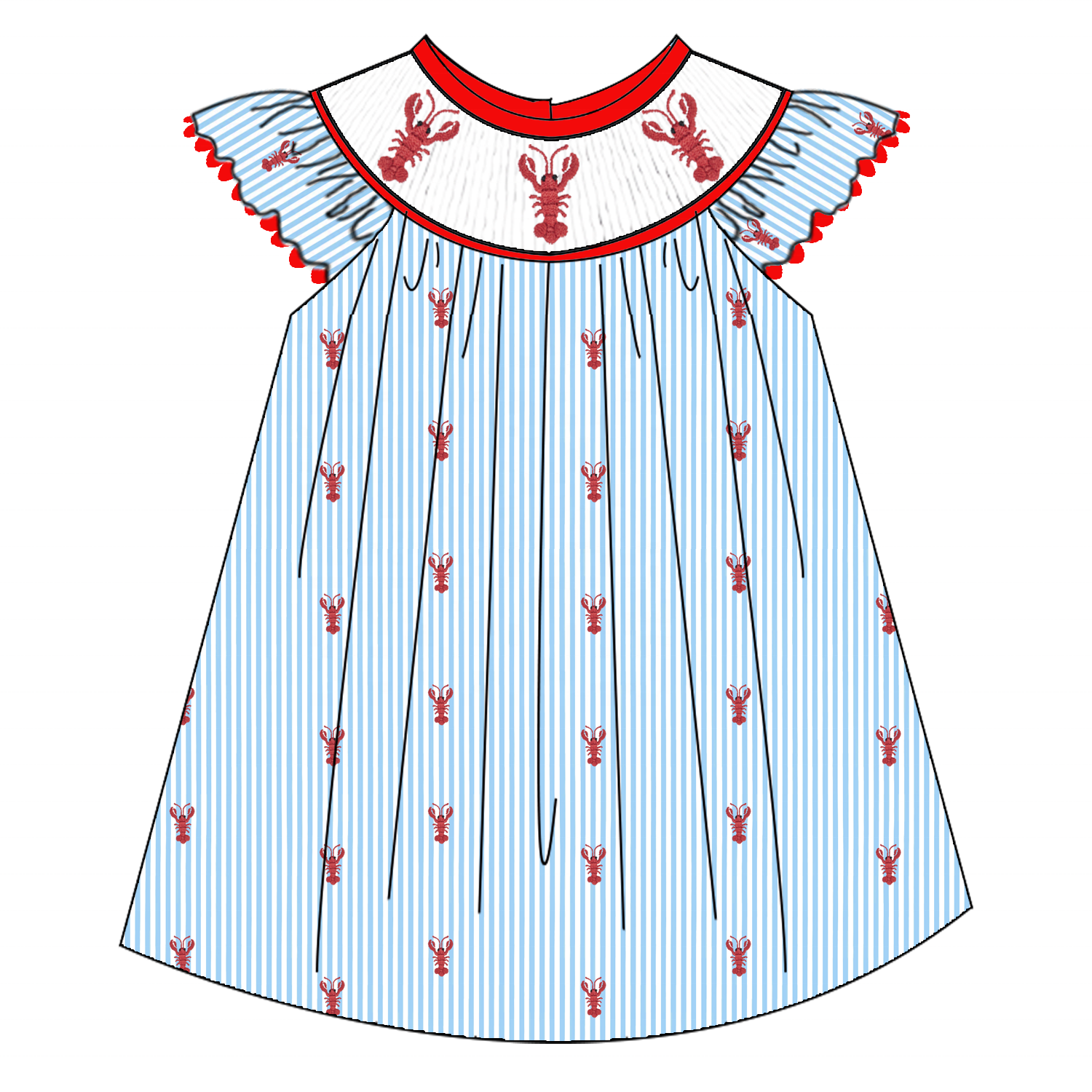 Puresun custom designs smocked children clothing summer kids wear crawfish embroidery baby cotton dress