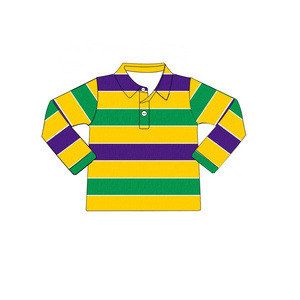 Puresun custom design long sleeve yellow purple green knit striped print children top mardi gras holiday kids polo shirts