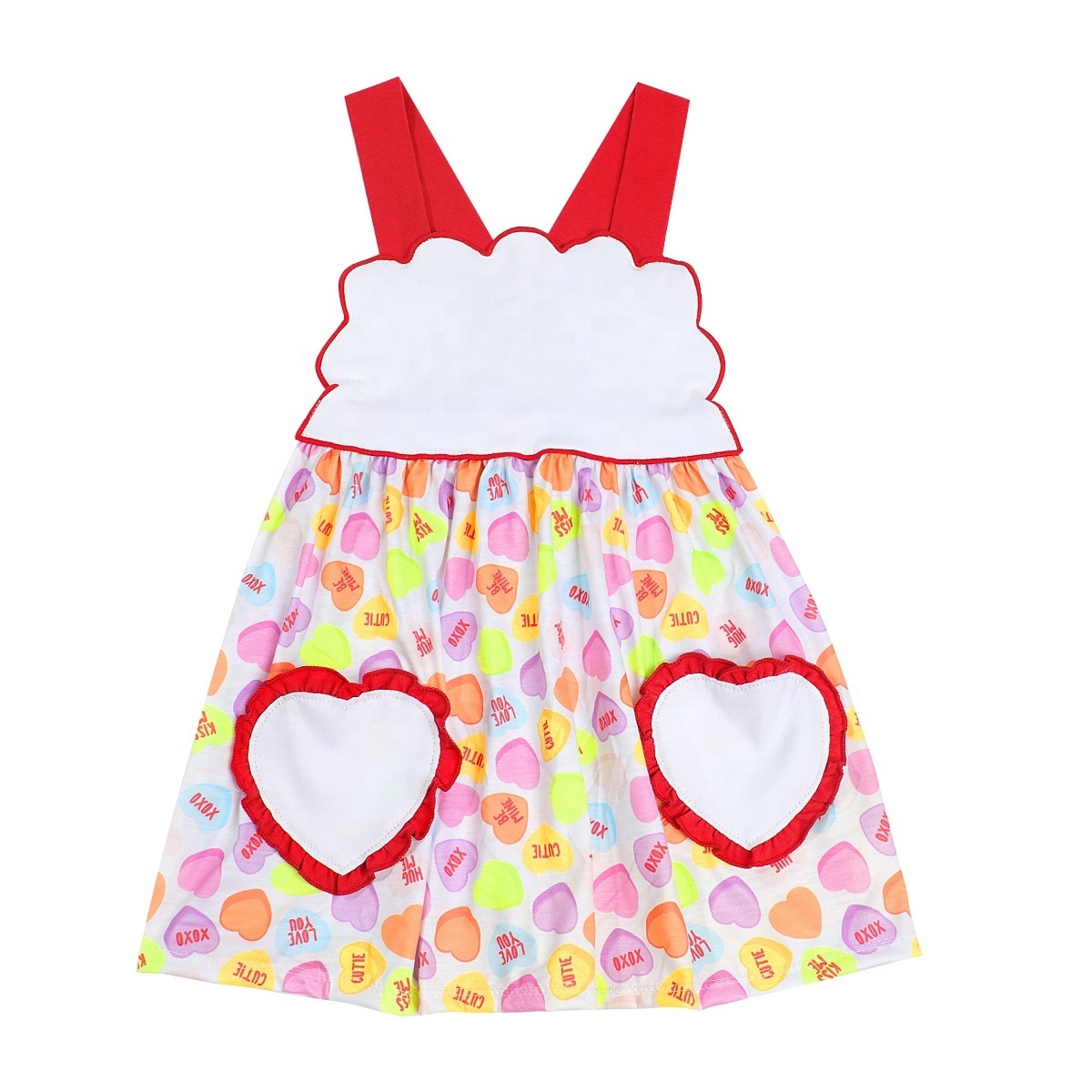 Puresun high quality 100% cotton printing children clothing valentines kids clothes baby cotton dress with hearts pockets