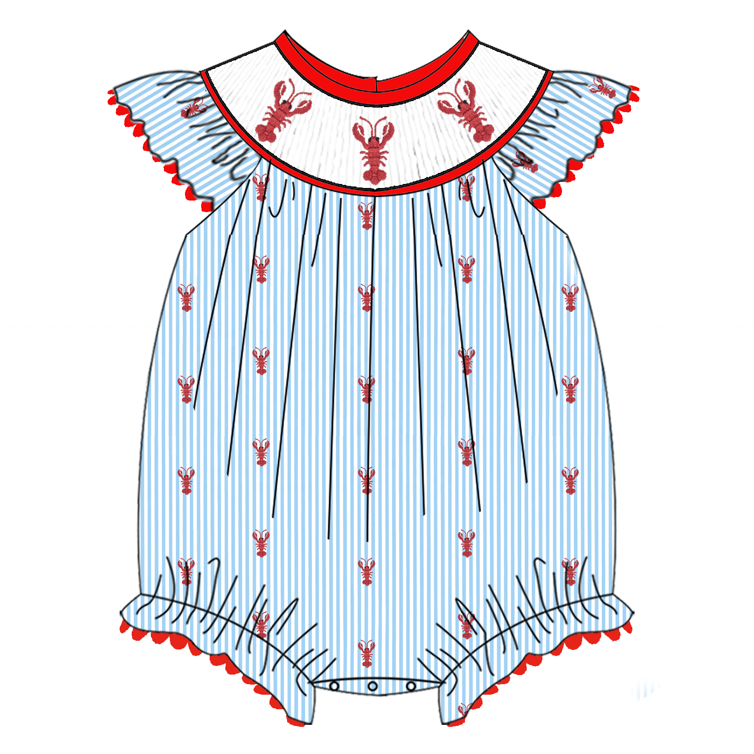 Puresun custom designs smocked children clothing summer kids wear crawfish embroidery baby cotton dress