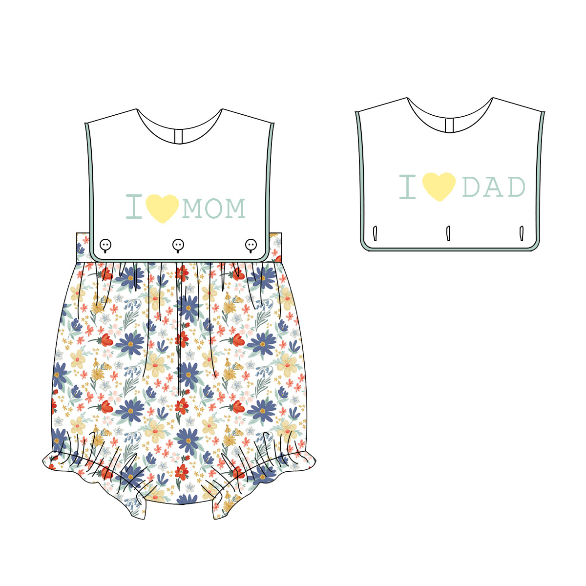 Puresun customized mother's day kids clothes baby girl floral bubble romper with i love mom dad embroidery