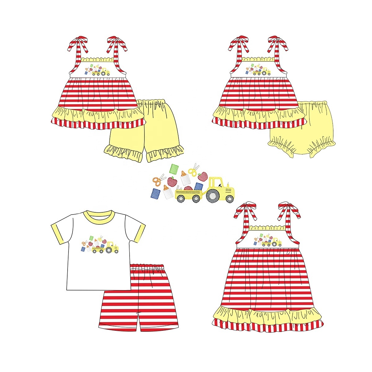 wholesale smocked children clothing back to school baby girl outfit with apple tractor appliques