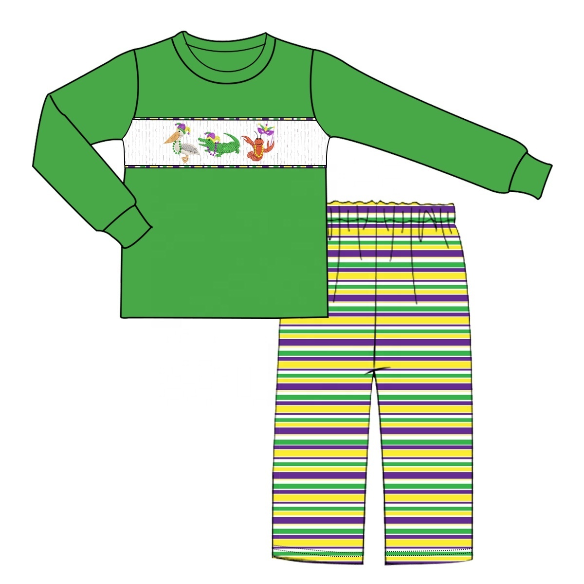 Puresun custom designs mardi gras smocked children clothing spring kids girls clothes with shrimp embroidery