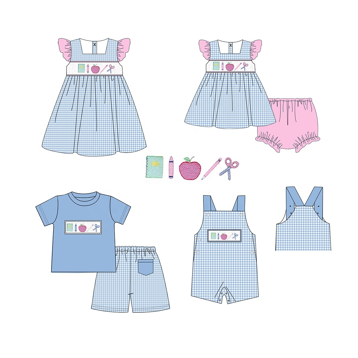 wholesale smocked children clothing back to school baby girl outfit with apple tractor appliques