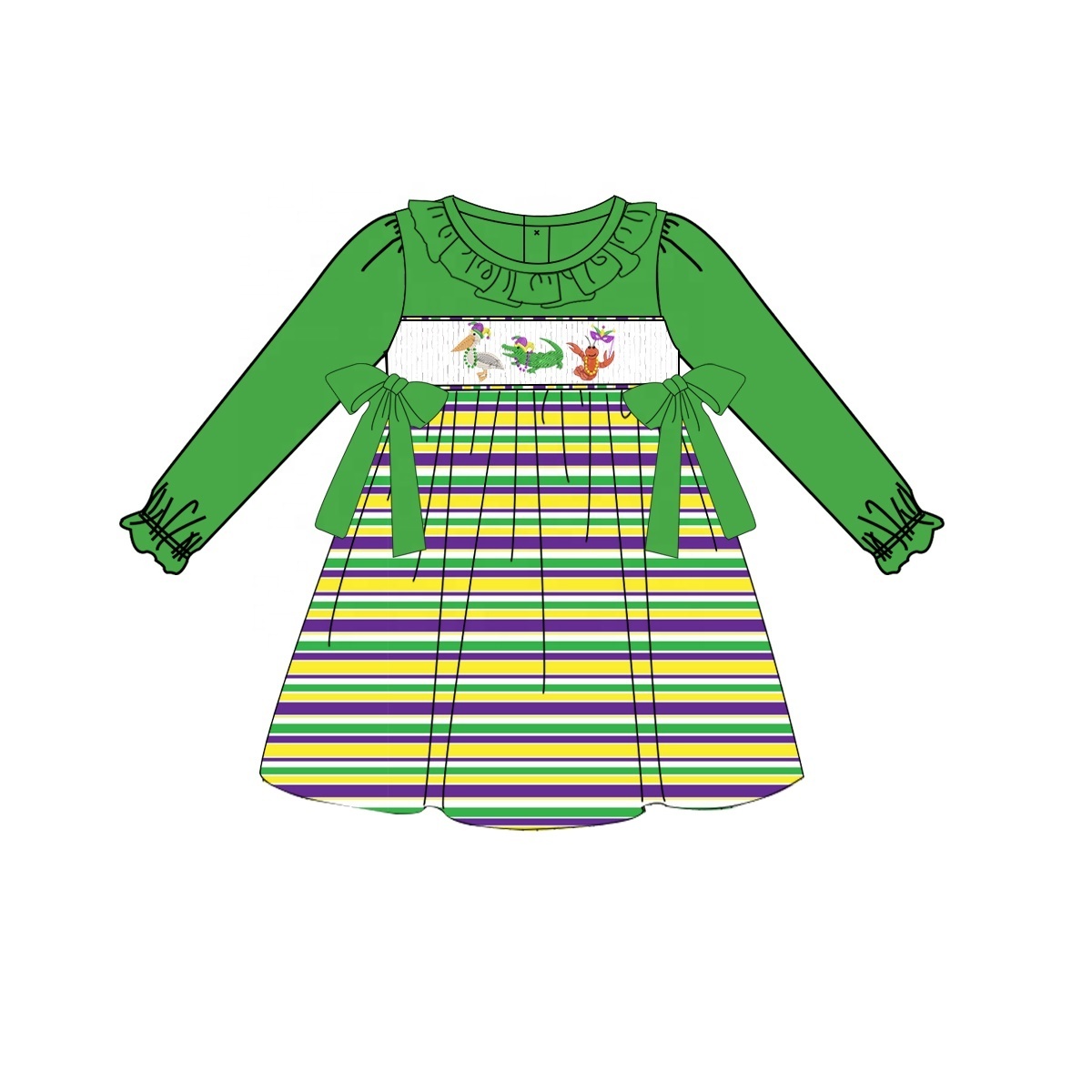 Puresun custom designs mardi gras smocked children clothing spring kids girls clothes with shrimp embroidery