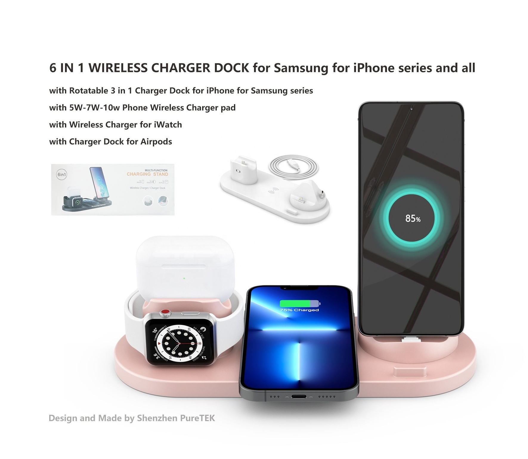 2024 Top Selling Smart Wireless Charger 6 in 1 Charging iPhone 15 Airpods Watch Android Multi-Function Integrated 4 1