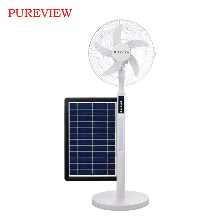 Spot Wholesale 14 inch LiFePO4 charging electric stand fan with power bank function portable solar rechargeable fan