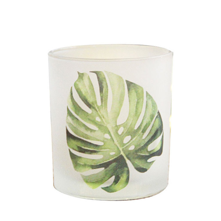 Green plant printing glass tea light candle holder candle containers glass frosted candle jars