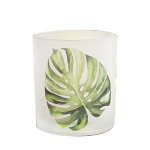 Green plant printing glass tea light candle holder candle containers glass frosted candle jars