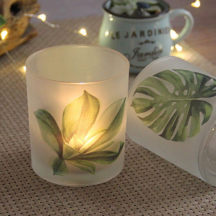 Green plant printing glass tea light candle holder candle containers glass frosted candle jars