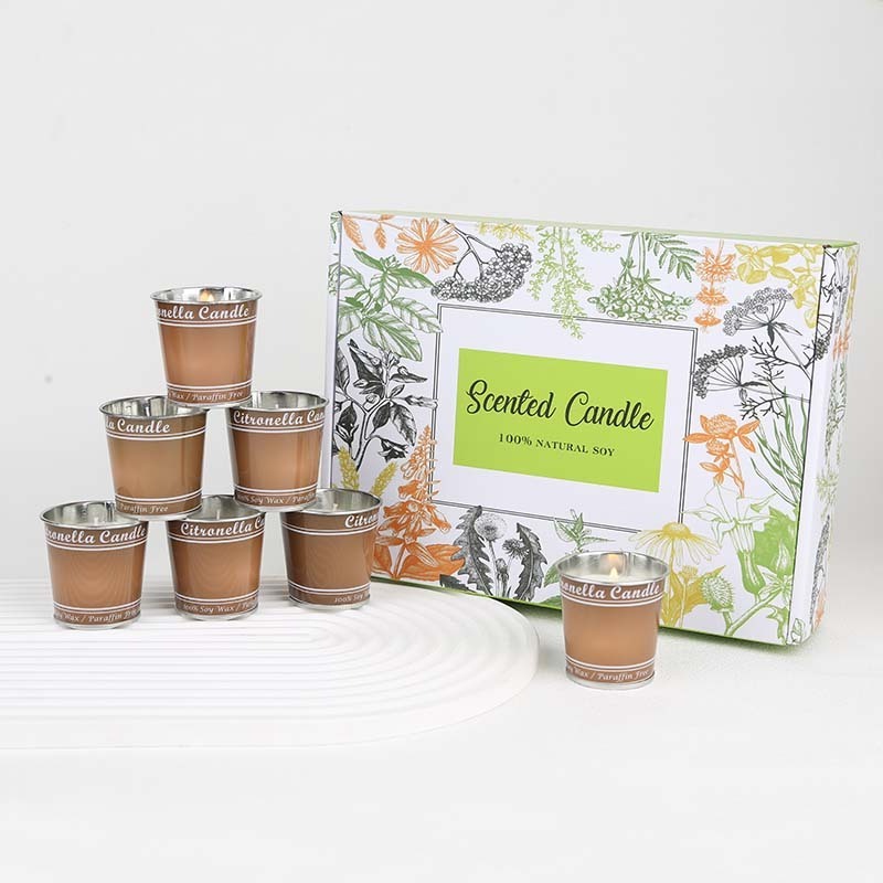 Private Label Mini Metal Bucket Outdoor Plant Essential Oil Cotton Wick Citronella Candles Scented Candles Set