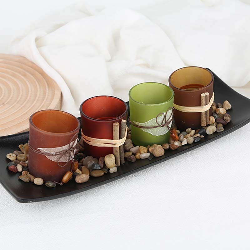 3Pcs 4Pcs Led Tea Candle With Rocks And Tray Set Ambient Light Candlestick Decoration Glass LED Votive Candle Holder