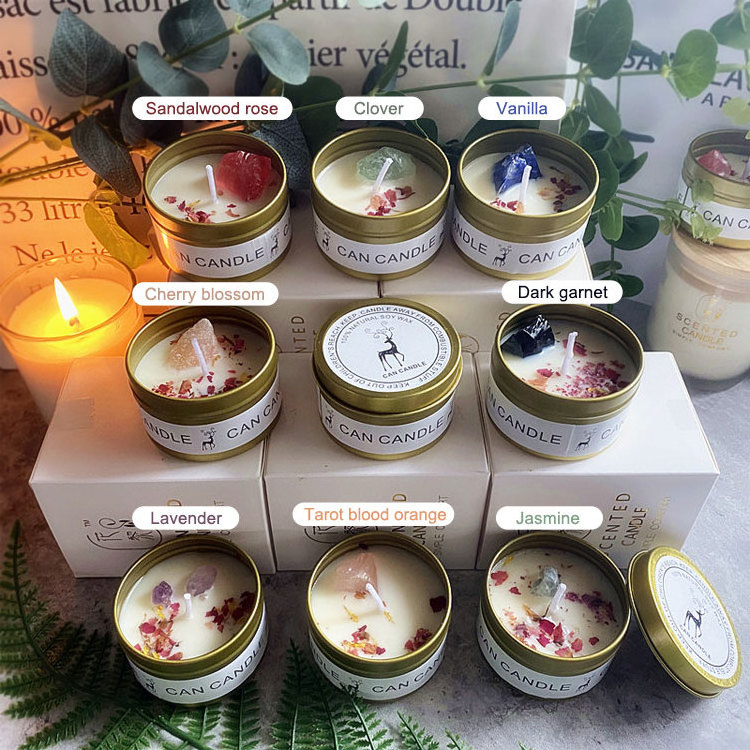 Small candle tin white cotton wick dried flowers soy wax aroma scented candles with crystals