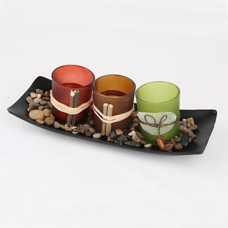 3Pcs 4Pcs Led Tea Candle With Rocks And Tray Set Ambient Light Candlestick Decoration Glass LED Votive Candle Holder