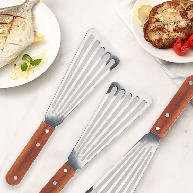 Gloway Kitchen Gadget Tool Cooking Utensils Thin Slotted Fish Turner Wood Handle Stainless Steel Fish Spatula For BBQ Or Kitchen