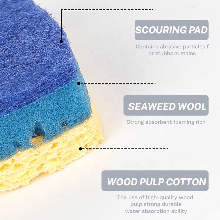 Gloway Classic Heavy Duty Scrub Kitchen Sponge 3 Layer Natural Cellulose Wood Pulp Sponge Scouring Pad Scour Cellulose Sponge