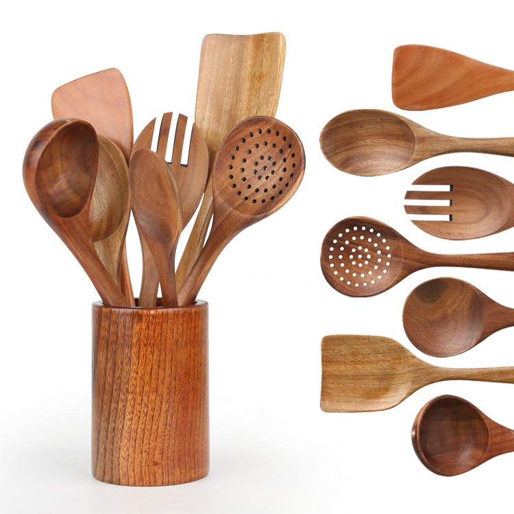 Gloway Manufacturer Quality Natural Teak Acacia Cookware Home Kitchen Accessories Cooking Wooden Utensil Kitchen Set