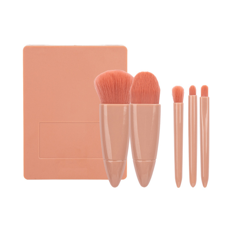 Gloway 5Pcs Custom Pink mini travel beauty brush set Cosmetic Tools Portable Makeup Brush Kit With Mirror