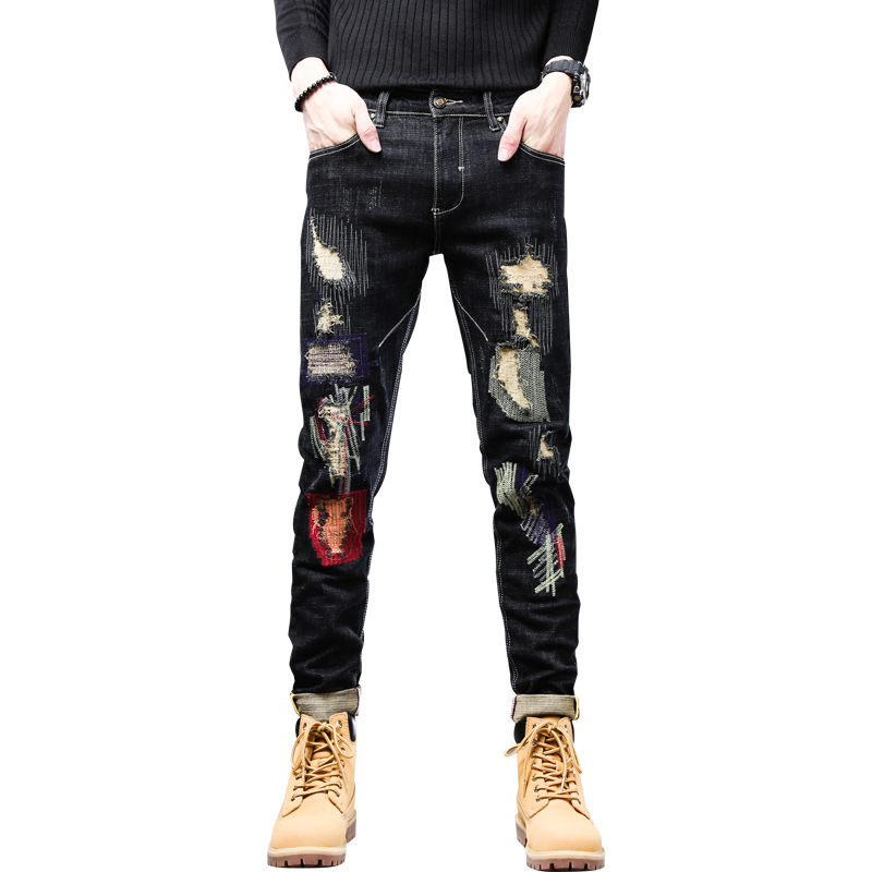 The Black Friday Sale Denim badge Ripped veste jean homme Tapered for Men Embroidered Jeans pants