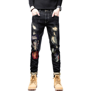 The Black Friday Sale Denim badge Ripped veste jean homme Tapered for Men Embroidered Jeans pants