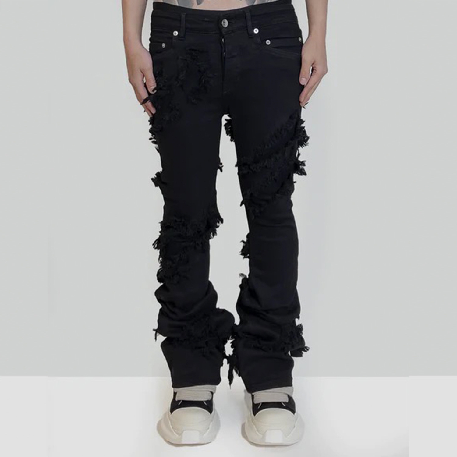 Custom frayed flared stacked pants skinny slim custom denim pants male stacked denim jeans man men's jeans men