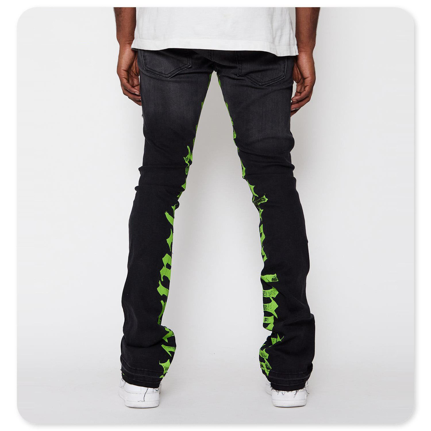 Custom  damage vibe print ripped flared stacked pants custom denim pants male stacked denim jeans man men's jeans men