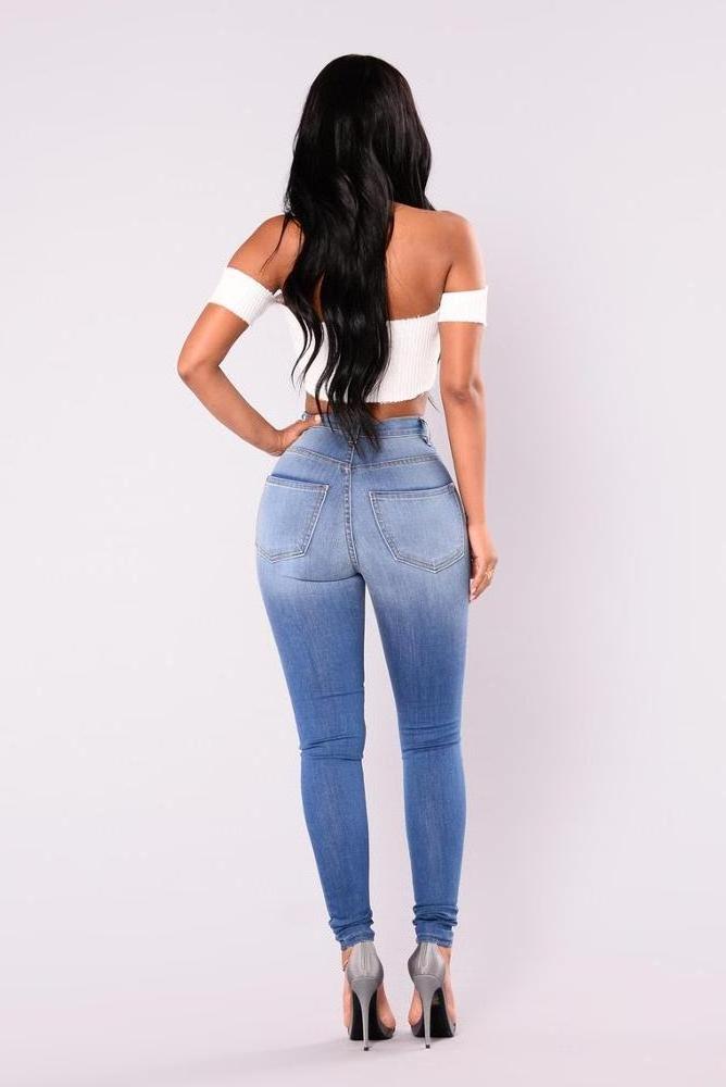 High waist blue stretch skinny ripped sex tight denim jeans for wide hips womens