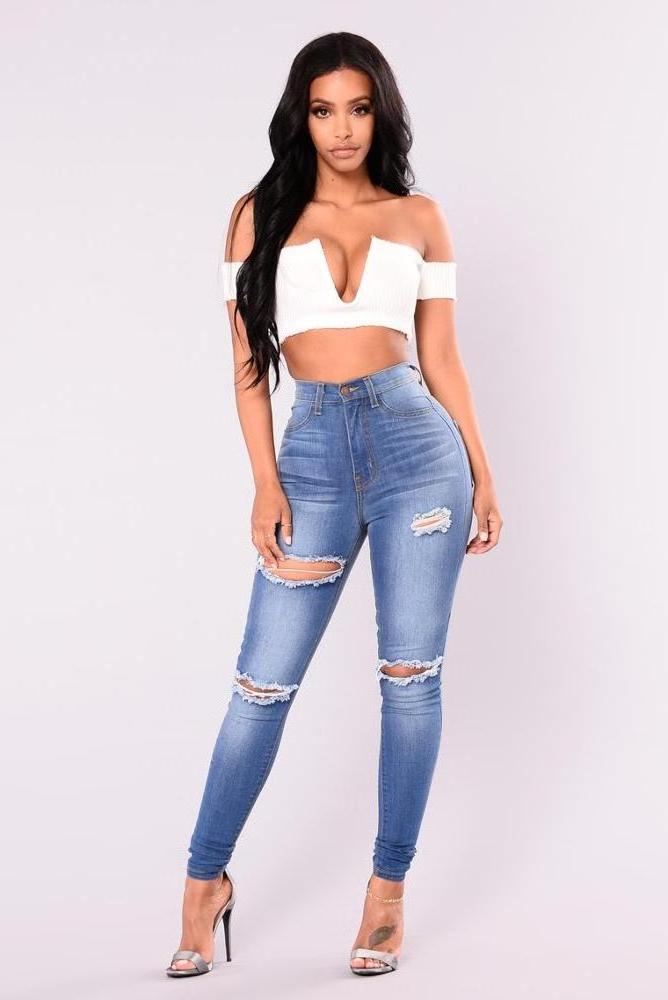 High waist blue stretch skinny ripped sex tight denim jeans for wide hips womens