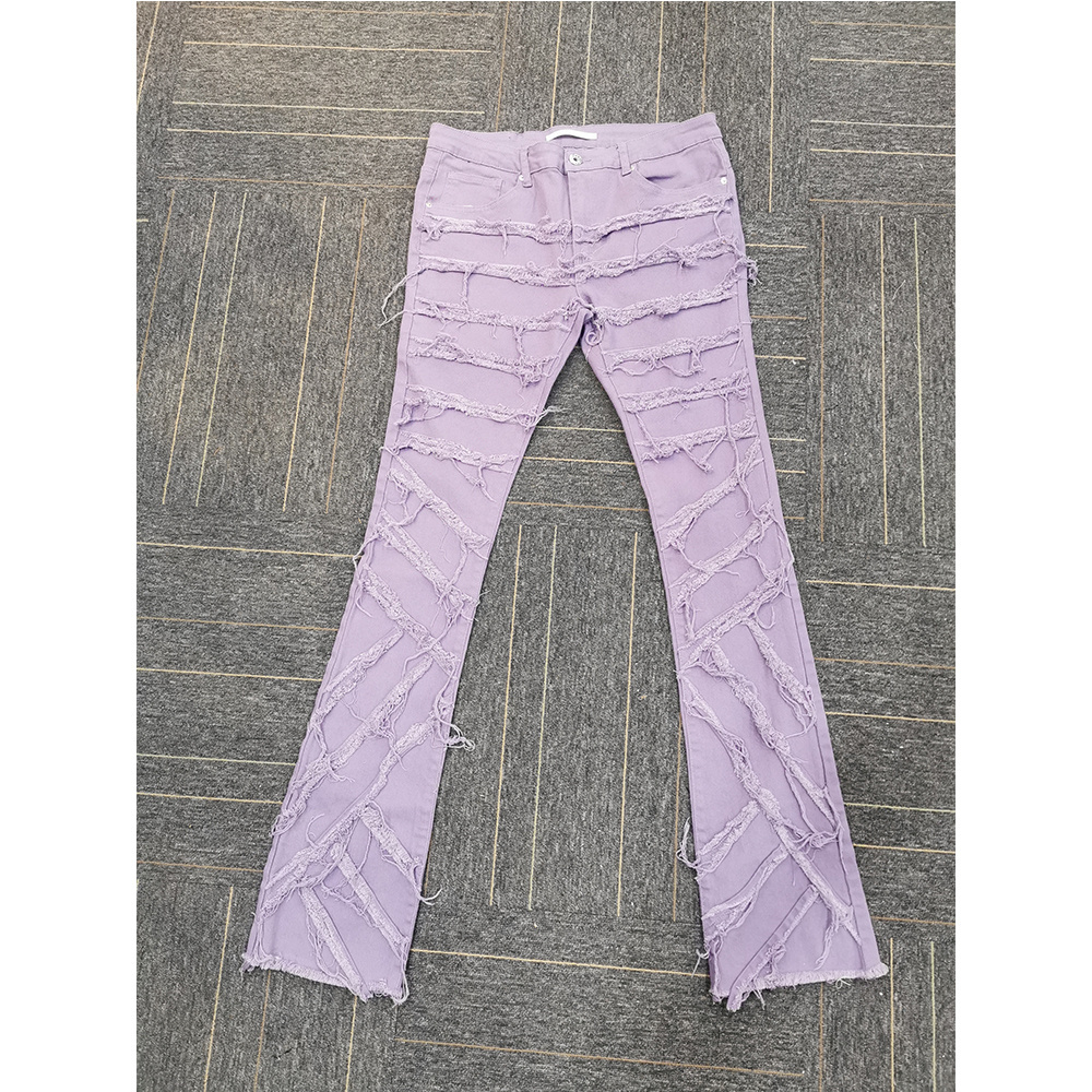 Custom frayed flared stacked pants skinny slim custom denim pants male stacked denim jeans man men's jeans men