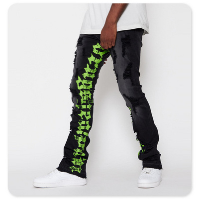 Custom  damage vibe print ripped flared stacked pants custom denim pants male stacked denim jeans man men's jeans men