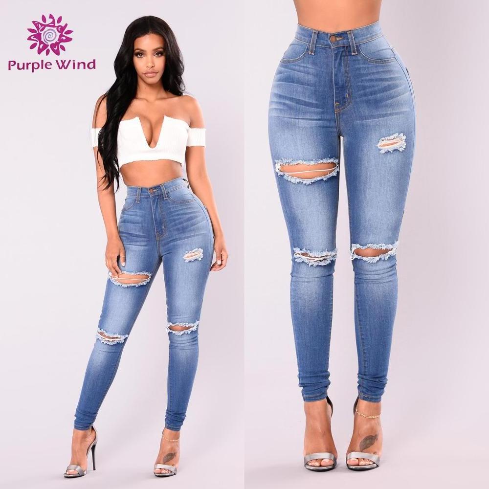 High waist blue stretch skinny ripped sex tight denim jeans for wide hips womens