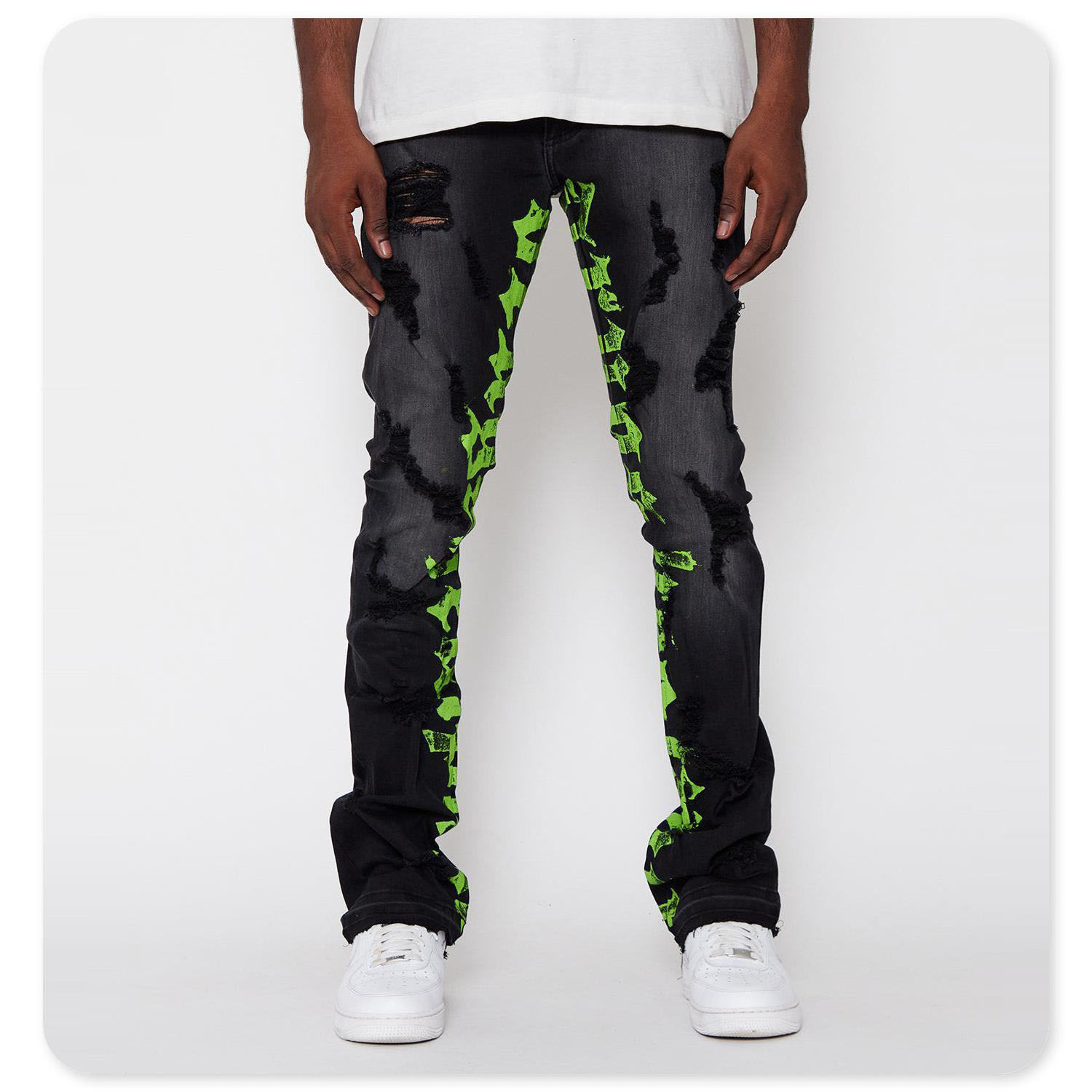 Custom  damage vibe print ripped flared stacked pants custom denim pants male stacked denim jeans man men's jeans men