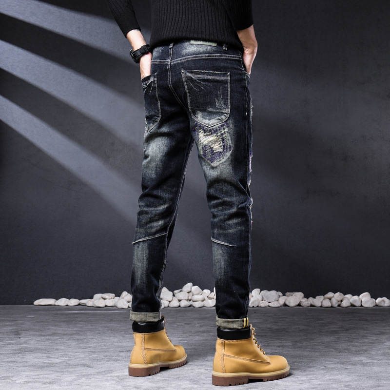 The Black Friday Sale Denim badge Ripped veste jean homme Tapered for Men Embroidered Jeans pants