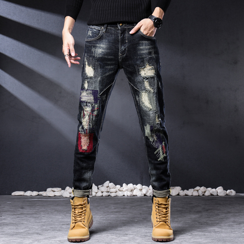 The Black Friday Sale Denim badge Ripped veste jean homme Tapered for Men Embroidered Jeans pants