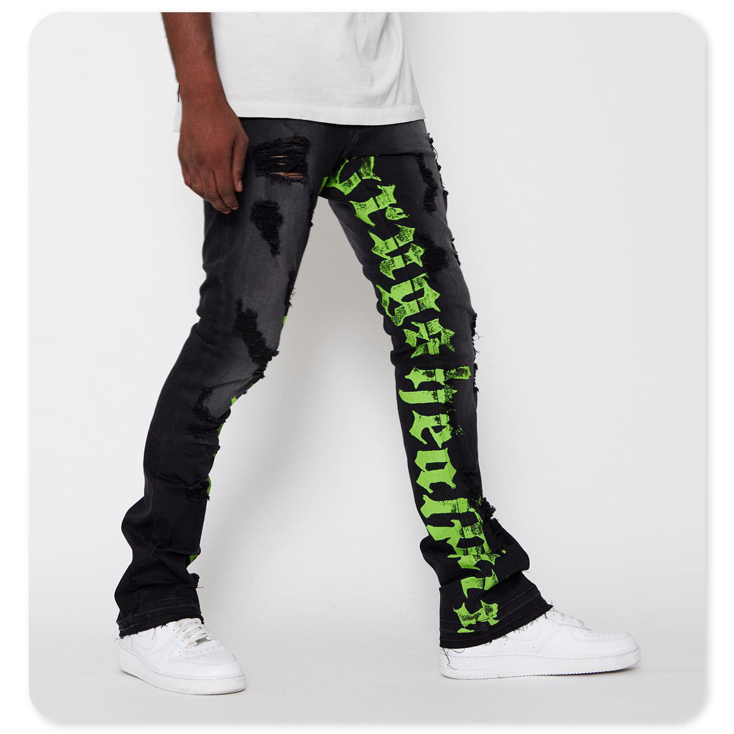 Custom  damage vibe print ripped flared stacked pants custom denim pants male stacked denim jeans man men's jeans men