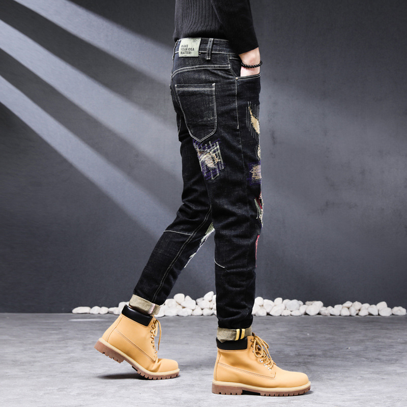 The Black Friday Sale Denim badge Ripped veste jean homme Tapered for Men Embroidered Jeans pants