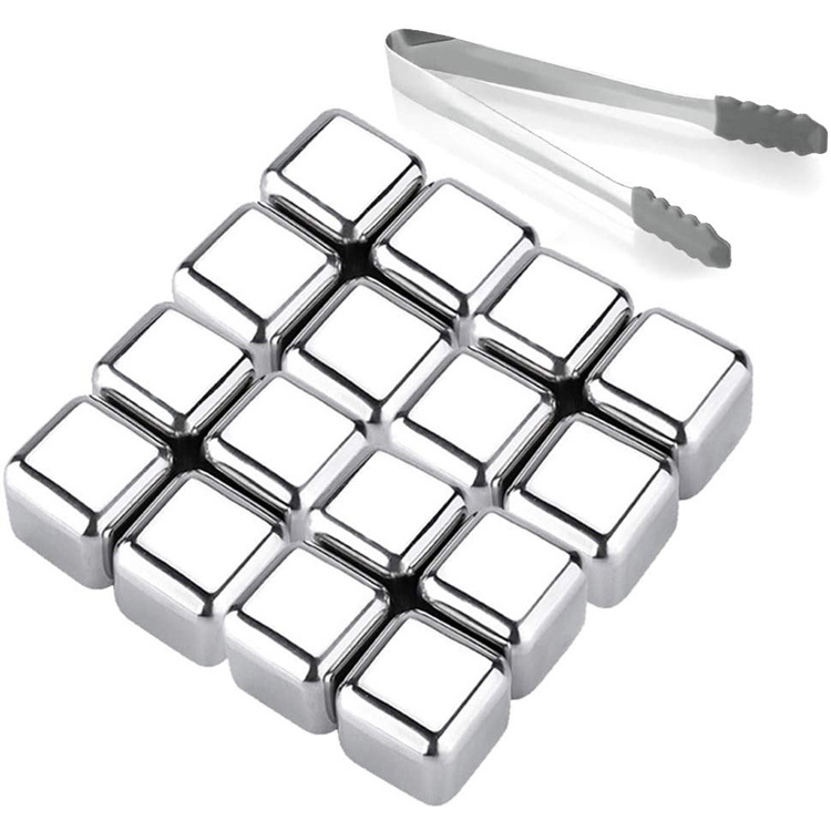 PURPLESEVEN Cube Shape Reusable Stainless Steel Whiskey Stones Ice Cubes Chilling Stones with Tongs and Storage Box for Whiskey